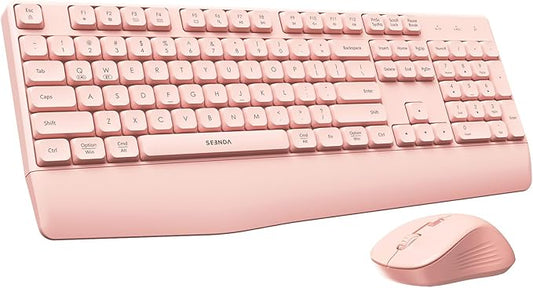 seenda Bluetooth Keyboard and Mouse, COE200 USB + Bluetooth Multi Device, Ergonomic Keyboard Mouse Set, Full-Size Wireless Combo Compatible for Mac OS/Windows PCs Computers Laptops MacBooks - Pink