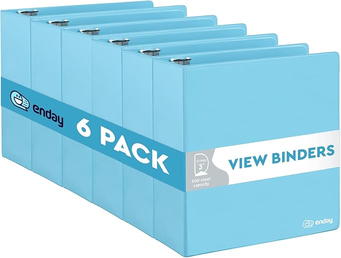 3 Slant D-Ring Binder 3 Inch Blue, 3 in Clear View Cover with 2 Inside Pockets Binder, Heavy Duty Colored School Supplies Binders,Also Available in Green, Grey, Purple, Red, Pink (6 PC) – by Enday