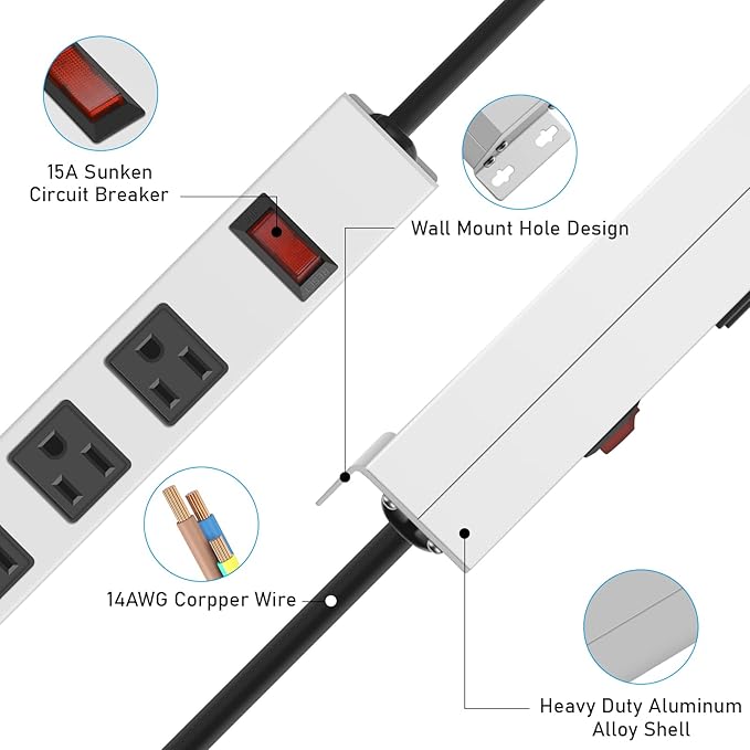 JUNNUJ Metal 16 Outlet Power Strip, Mountable Heavy Duty Power Strip, 1200J Surge Protector Wall Mount Screws Outlet with Switch, Gaming Desk Strips Wide Spaced 15A 125V 1875W, 10 FT 14AWG Power Cord