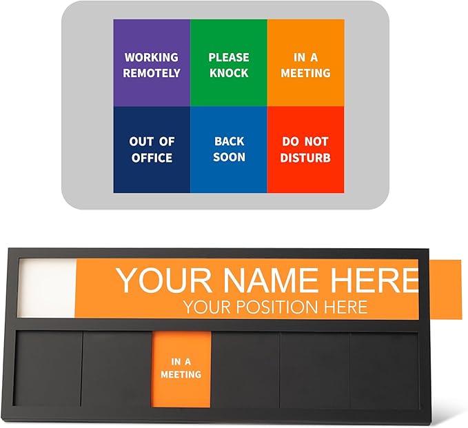 Name Plate for Desk& Office Door Sign, 6 Options Do Not Disturb, In A Meeting, Out of Office, Working Remotely, Please Knock, Stick or Stand with Desk Name Plate, Black no icon