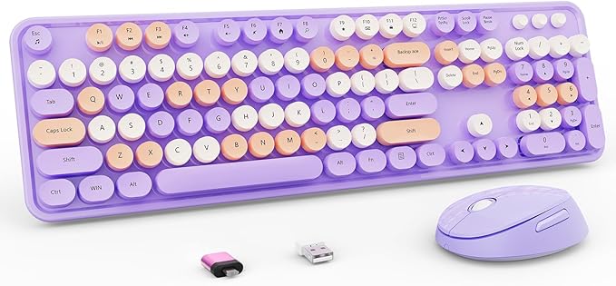 Wireless Keyboard and Mouse Combo, Retro Typewriter Keyboard with Round Keycaps, Full-Size Ergonomic, Purple, Ideal for Windows PC, Home, Office, and College