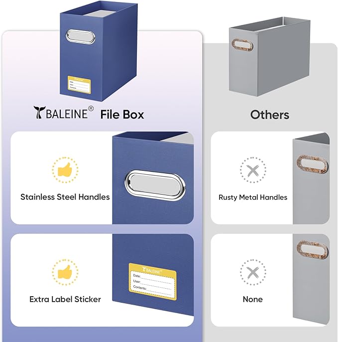 BALEINE File Organizer Box, Cardboard File Folder Organizer with Handle for Letter Size, Portable Collapsible Hanging Filing Box for Home Office Document Storage (4 Pack, Navy)