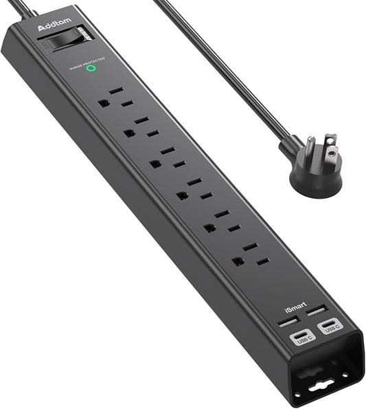 2Ft Short Power Strip Surge Protector - Addtam Extension Cord with 6 AC Outlets 4 USB (2 USB-C), Flat Plug Extension Cord,1875W/15A, Wall Mount Outlet Extender for Home College Dorm Room Essentials