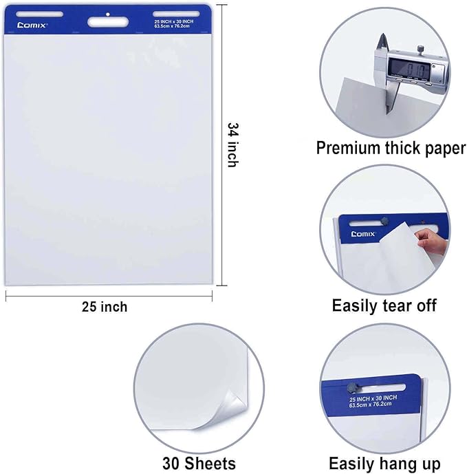 Comix Sticky Easel Pad, 25 x 30 Inches Flip Chart Paper for Teachers, Large Self Stick Easel Paper for Office School Classroom Supplies, 30 Sheets/Pad, 8 Pads/Pack