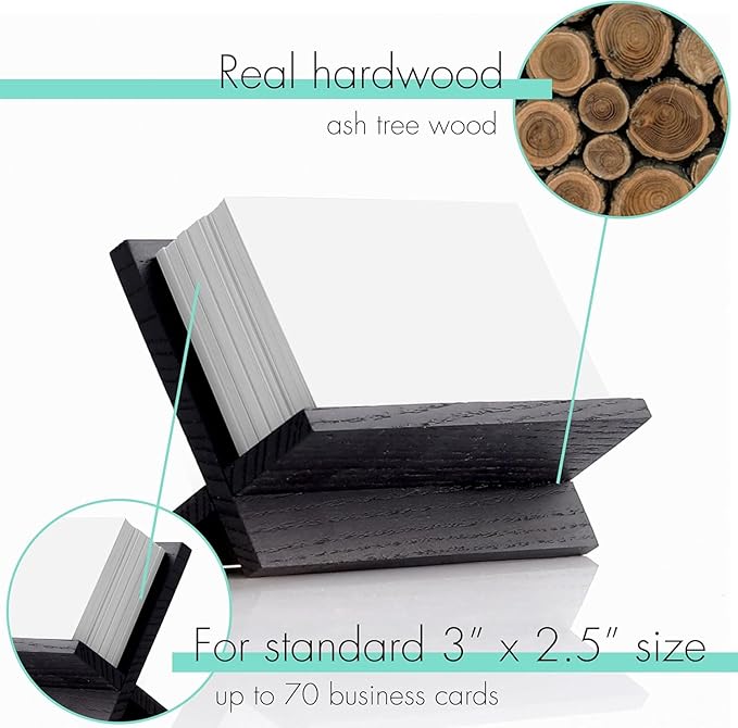Set of 3 Business Card Holders for Desk - Black Wood Small Cards Holder, Professional Desktop Business Card Stand Display, Wooden Name Card Holder