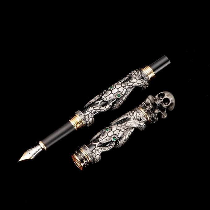 Jinhao Black Snake Fountain Pen Medium Nib Retro Style with Skull Head Solid Metal and Paper Pen Case Set