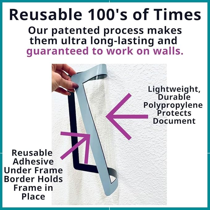 8.5 x 11 Adhesive Wall Frames - Peel & Stick Picture Frames, Wall Sign Holder, Paper & Letter Protector Sheets, Reusable Picture Frame, Dry Erase, Non Magnetic & Non Acryclic - Black, Pack of 5