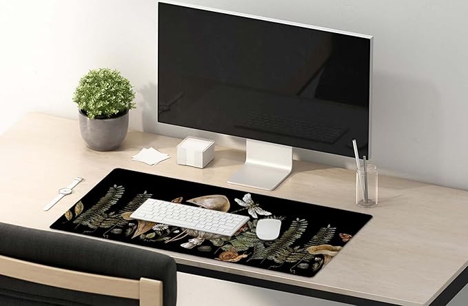 SSOIU Cute Witch Magic Mushroom Forager Fern Desk Mat, Boho Extended Mouse Pad, Extra Large Gaming Desk Pad Non-Slip Water-Resistant Rubber Base Computer Keyboard Mouse Mat, 35.5 x 15.7-inch