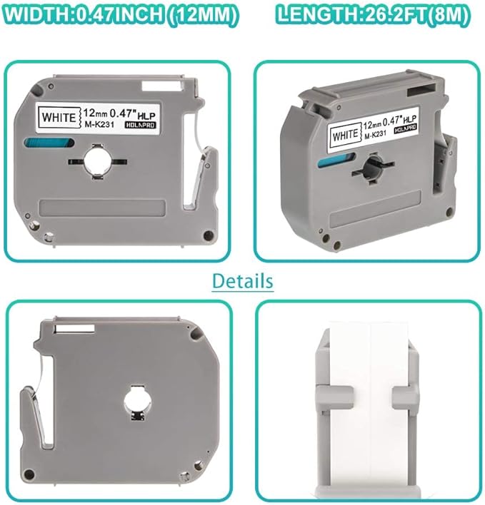 6 x Label Maker Tape Replacement for Brother P Touch M Tape M-K231 M-K231s MK231 MK-231 M231 12mm 0.47 White, Compatible with Brother P Touch PT-M95,PT-90,PT-70,PT-65,PT-85 Label Maker Refills,26.2 Ft