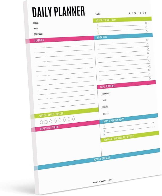 Bliss Collections Daily Planning Pad, To Do List Notebook - Undated Tear-Off Sheets Notepad - Work Calendar, Organizer, Scheduler for Goals, Tasks - Vibrant, 8.5" x 11", 50 Sheets