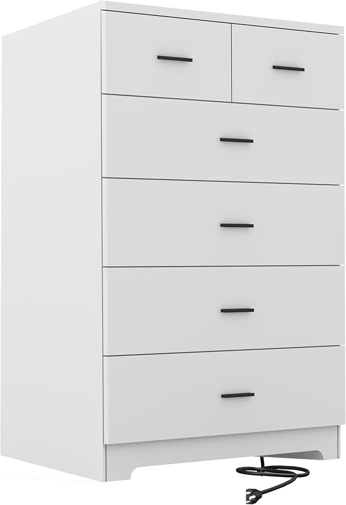 Dresser with Power Outlets Wooden 6 Drawer Dresser with Large Organizer White Tall Storage Organizer with Smooth Metal Rail Modern Chest of Drawers Closet for Bedroom Hallway