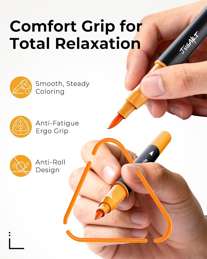 JusArt Markers for Adult Coloring Books No Bleeding, Coloring Markers with Dual Tips, Fine & Brush Pens with Ergonomic Triangle Grip & 33% More Ink, Water-Based Art Drawing Set for Adults, 60 Colors