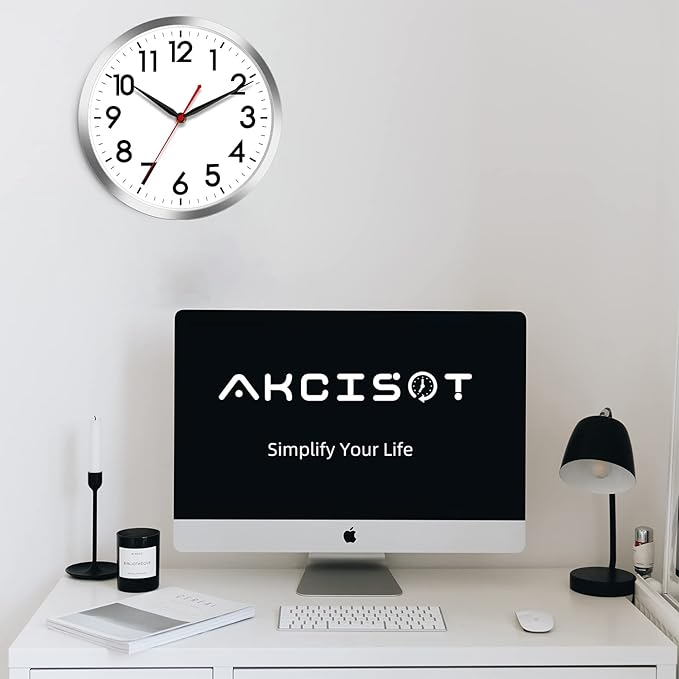 AKCISOT Wall Clock 12 Inch Silent Wall Clocks Battery Operated Non Ticking - Modern Silver Clock Decorative for Kitchen, Bathroom, Bedroom, Living Room, Office, Home