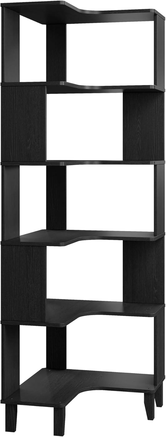 Prepac Nordik 6-Tier Black Modern Mid Century Corner Bookcase, 71.5" Extra Tall Black Corner Shelf with Storage, Multifunctional Freestanding Bookshelf for Home Office, Living Room, Dining Room
