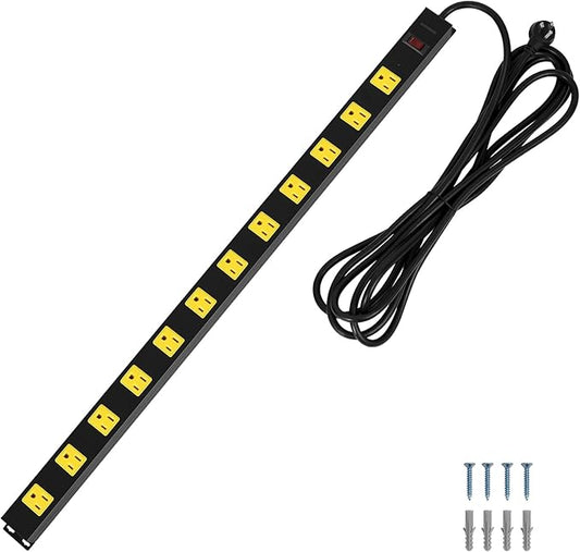 SURAIELEC 12 Outlet Long Metal Power Strip, 15 FT Cord Surge Protector, Angled Flat Plug, Wide Spaced Outlet Power Bar, 15A Breaker, Wall Mountable, Industrial Heavy Duty for Work Bench, Shop, Garage