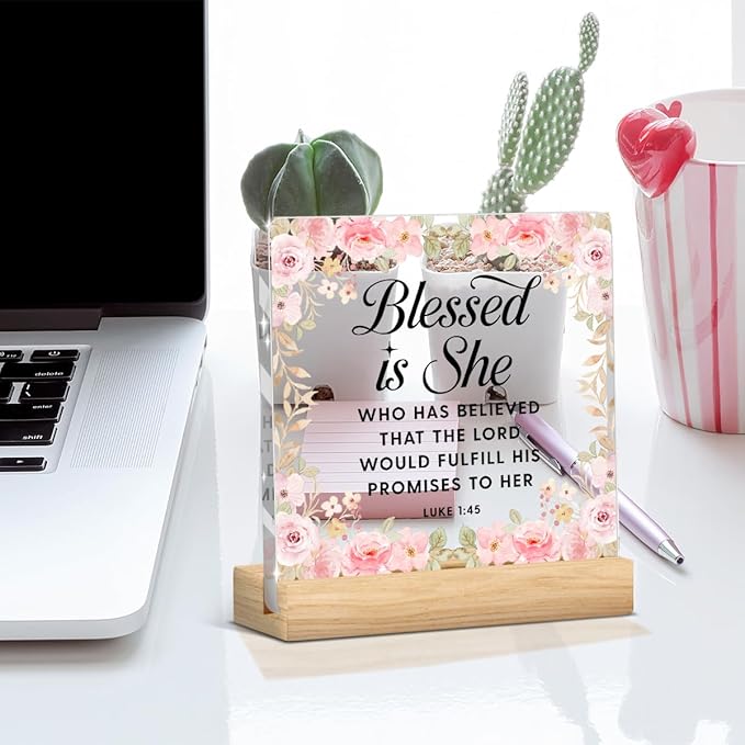 Pink Religious Gifts Christian Decor Inspirational Bible Verses Sign Scripture Acrylic Sign Plaque Table Decorations for Home Office Bedroom