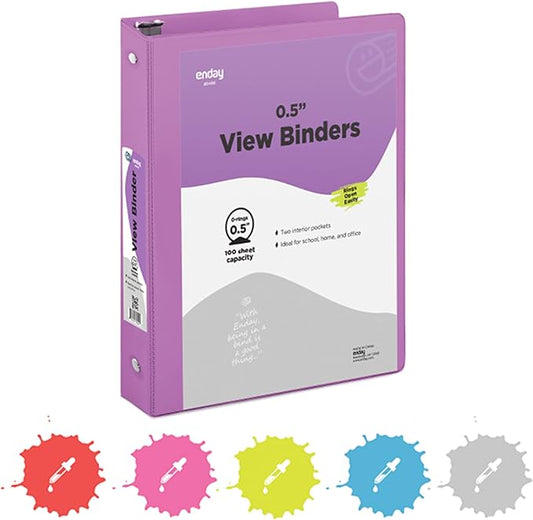½ Inch 3 Ring Binder .5 inch Purple Clear View Cover with 2 Inside Pockets, Colored School Supplies Office and Home Binders – by Enday