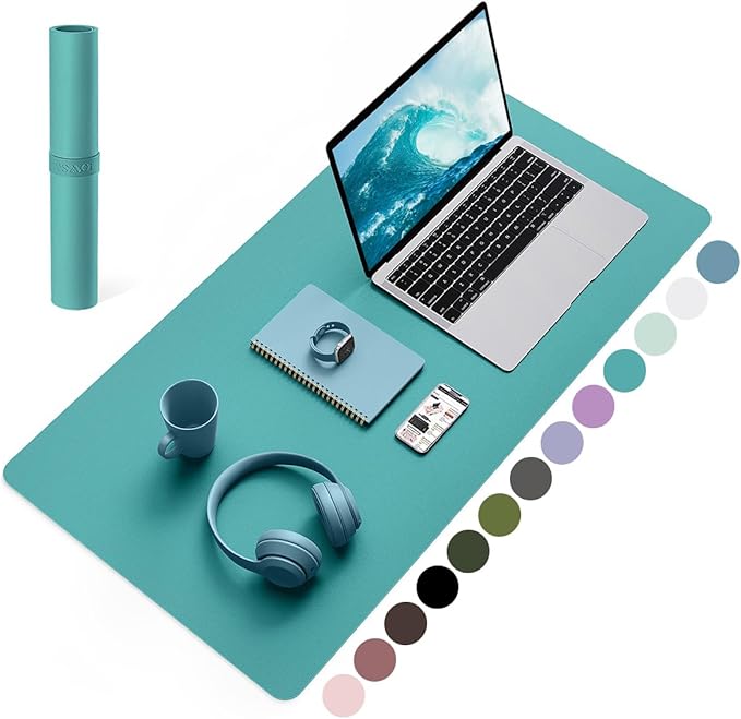 YSAGi Non-Slip Leather Desk Pad, Waterproof Laptop Computer Desk Keyboard Mat, Table Protector Blotter Mat, Large Mouse Pad for Office/Work/Home/Decor(Green Blue, 31.5" x 15.7")