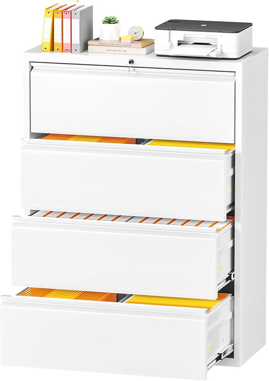 INTERGREAT 4 Drawer Lateral File Cabinet,White Lateral Filing Cabinet with Lock, Metal Steel Horizontal File Cabinets for Home Office, Easy Assembled