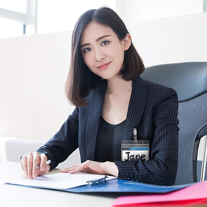 Clear Plastic Horizontal Name Tag Holders and Metal Badge Clips with Vinyl Straps Waterproof PVC ID Card Badge Holder 3x4 Inch(25 Pack, Horizontal Large 3x4)