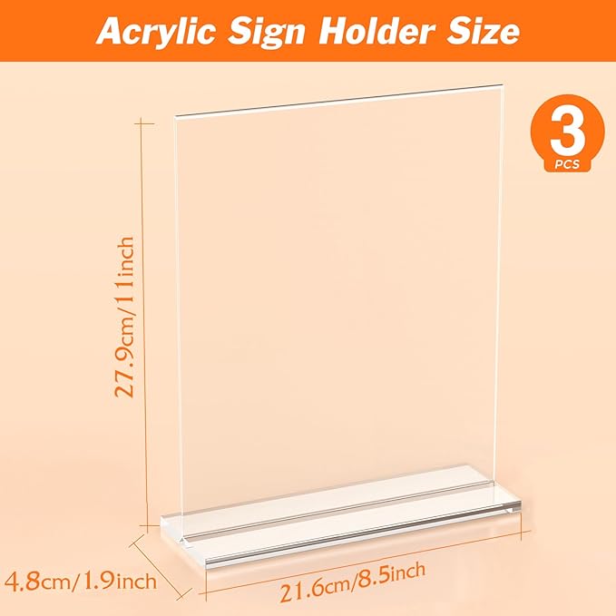 3 Pack Acrylic Sign Holder 8.5 x 11 Inches, Clear Menu Stand, Vertical Flyer Display, Table Paper Holder, Desk Brochure, Plastic Sign Display for Restaurants, Office, Store