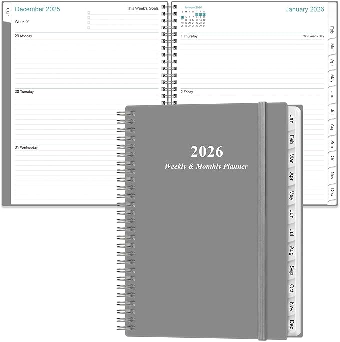 2026 Planner - Planner 2026 from January 2026 to December 2026 with 12 Monthly Tabs, Flexible Cover, Inner Pocket, 8.5" x 11", Grey-B
