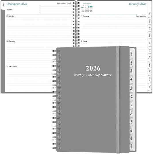2026 Planner - Planner 2026 from January 2026 to December 2026 with 12 Monthly Tabs, Flexible Cover, Inner Pocket, 8.5" x 11", Grey-B