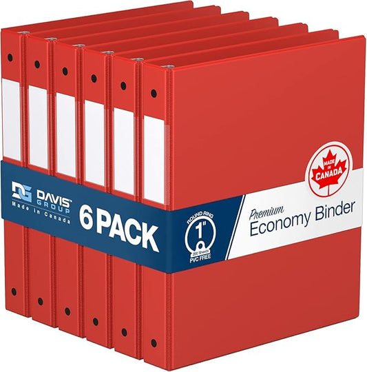 Premium Economy 6-Pack 3-Ring Binders for School or Office, Round-Ring Binders, 1 Inch, Red