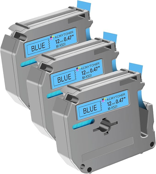 Compatible for Brother P-Touch M Tape M-K531 MK531 M531 MK-531 Black on Blue Label Tape 0.47" (12mm) x 26.2ft 3 Pack
