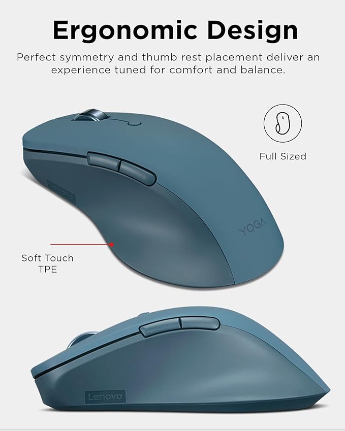 Lenovo Yoga Pro Mouse, Bluetooth, USB-C Rechargable, Dual Mode Bluetooth, 6 Button, Right Handed Design, Ergonomic Design, Programmable Buttons, 2-Way Metal Scroll Wheel, Tidal Teal