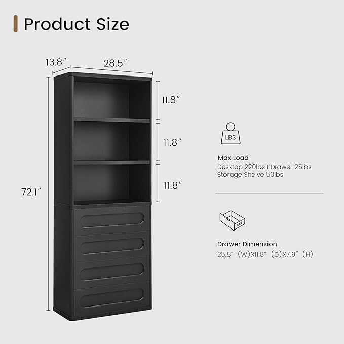Bookcase with 4 Drawers, 72.1" Tall Bookshelf with 3 Storage Shelves, Large Bookshelves Cabinet for Living Room, Bedroom, Home Office (Black)