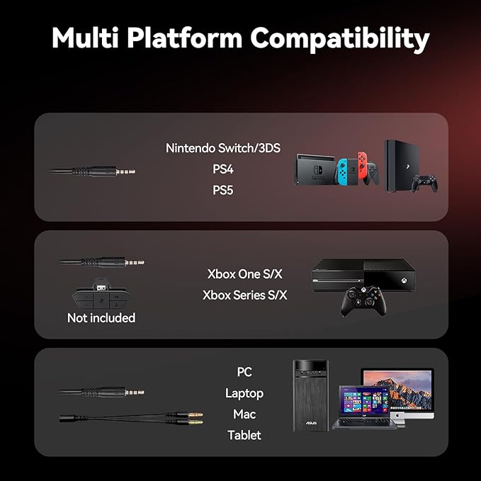 Gaming Headset with Microphone for Pc, Xbox One Series X/s, Ps4, Ps5, Switch, Stereo Wired Noise Cancelling Over-Ear Headphones with Mic, RGB, for Computer, Laptop, Mac, Nintendo, Gamer (Red)