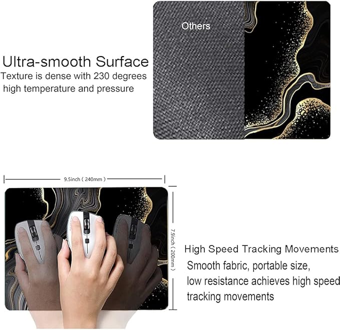 Mouse Pad Marble, Cute Personalized Mouse Pads with Design, Square Washable Cloth Mouse Mat, Gaming Office Home Non-Slip Rubber Base Computer Mousepad, Black Gold Marble