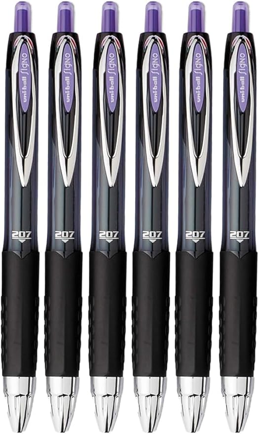 Signo 207 Roller Ball Retractable Gel Pens, Medium Point (0.7mm), Purple Ink, 6 Count, Bundle with Plastic Reusable Pouch