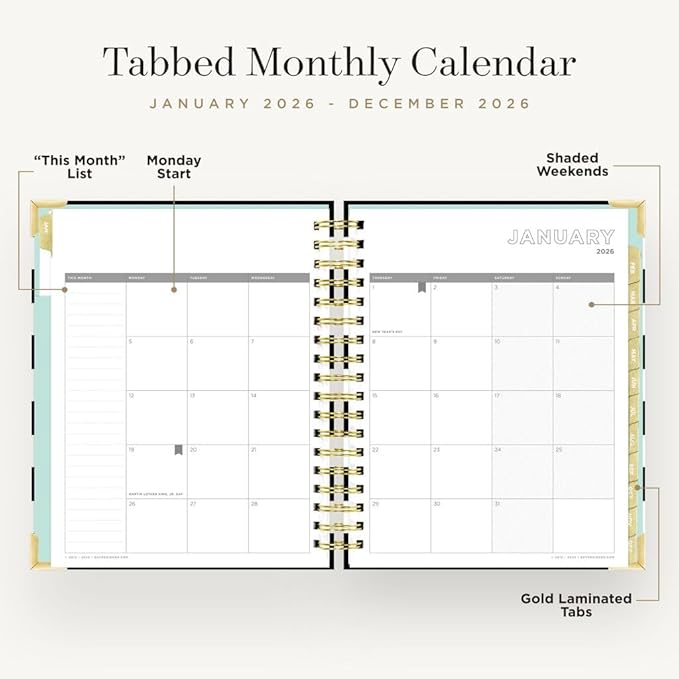 Day Designer 2026 Weekly Planner – Premium Planner for Stylish Organization. Combines Weekly & Monthly Calendars, Daily Schedule, Notes Pages, Goal Setting, Stickers, Pocket & More. Elegant Laminated Cover with Gold Accents (Black Stripe Design - 2026)