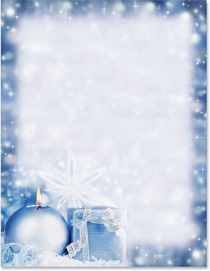 PaperDirect Snowy Candlelit Christmas Papers, Holiday Stationery with Blue Sparkling Border, Candle, Gift and Snowflakes, 8.5 x 11, Acid-Free, Ideal for Letters, Flyers, Cards, 25 Sheets