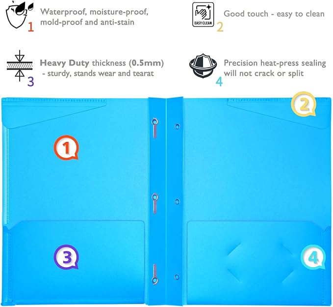 WOT I Heavy Duty Folders with Clear Front Pockets -18 Pack, Extra Thick Plastic Folders with 3 Pocekts and 3 Prongs for Letter Size Paper/Assorted Colors/School/Work/Home Use