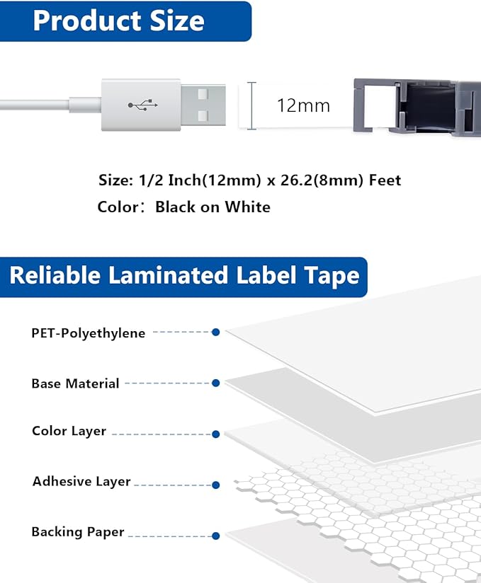TZe-2312PK Tape 12mm 0.47" Label Maker Tape Laminated Black on White 1/2 Inch Replacement for TZe-231 TZe231 TZ-231 Label Tape Refills for PT-H110 D210 D220 D400 D600 PT-H103W, 2-Pack