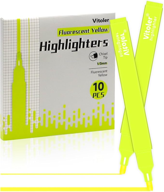 Vitoler Fluorescent Yellow Highlighters,10 Pack Bright Color Chisel tip Highlighters for Adults Kids in the Home School Office