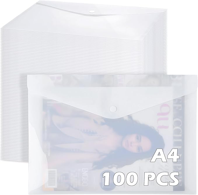 100 Pcs Clear Envelopes with Snap Button Closure Bulk A4 Letter Size Clear Plastic Envelope Folder Document Organizer File Folders for Office Home (Milky)