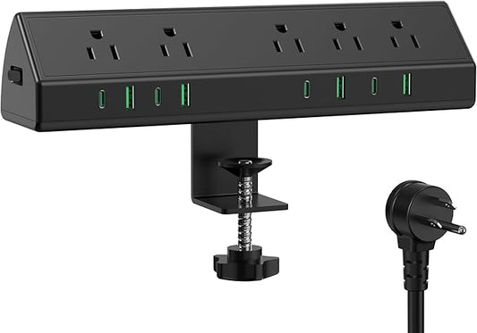 45W Fast Charging Station,Desk Clamp Power Strip,4 PD USB-C Ports,5 AC Outlets,Surge Protector Power Strip, 14AWG Heavy Duty Cord, Fits 1.9" Tabletop Edge (Black, 10 FT Cable)