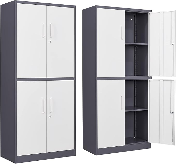 STANI Metal Storage Cabinet, Locking Steel Cabinet with 4 Doors and 2 Adjustable Shelves, 71" Tall Steel Cabinet for Home Office, Garage, School (Grey+White)