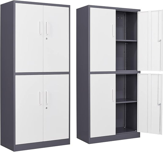 STANI Metal Storage Cabinet, Locking Steel Cabinet with 4 Doors and 2 Adjustable Shelves, 71" Tall Steel Cabinet for Home Office, Garage, School (Grey+White)