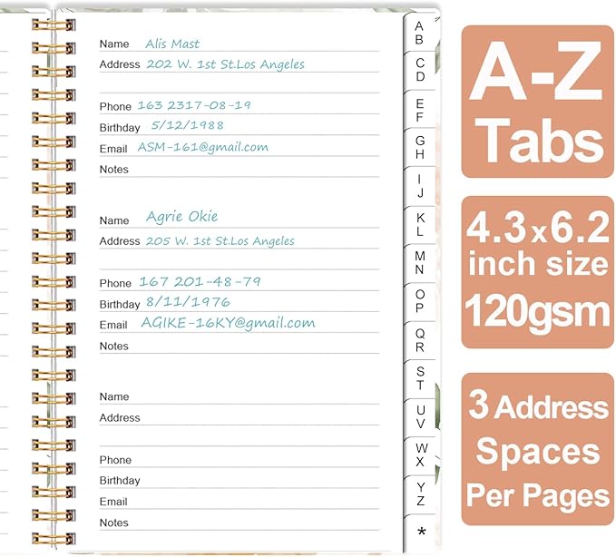 Address Book with Alphabetical Tabs - Small Address Book Spiral with Address Contacts, Special Date, Phone, Birthday & Internet Login Password for Home and Office, 4.3" x 6.2", Rose Leaf