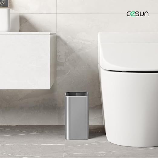 Cesun Small Bathroom Trash Can 2.1 Gallon Wastebasket, Modern Metal Garbage Can Office Waste Basket, Silver Stainless Steel Trash Bin for Bedroom, Home Office, Toilet, rv, Near Desk, Under Sink.