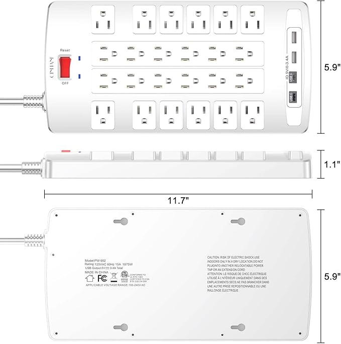 QINLIANF Surge Protector Power Strip - 6Ft Flat Plug Heavy Duty Extension Cord with 24 Outlets and 4 USB Ports(2 USB-C Ports), 1875W/15A, 4100J, for Home, Office, Dorm, ETL Listed, White