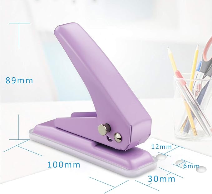 Single Hole Puncher Handheld 1/4 Inches Hole Punch, 20 Sheet Paper Punch Capacity Metal Hole Puncher with Skid-Resistant Base for Paper, Chipboard, Art Project, Purple