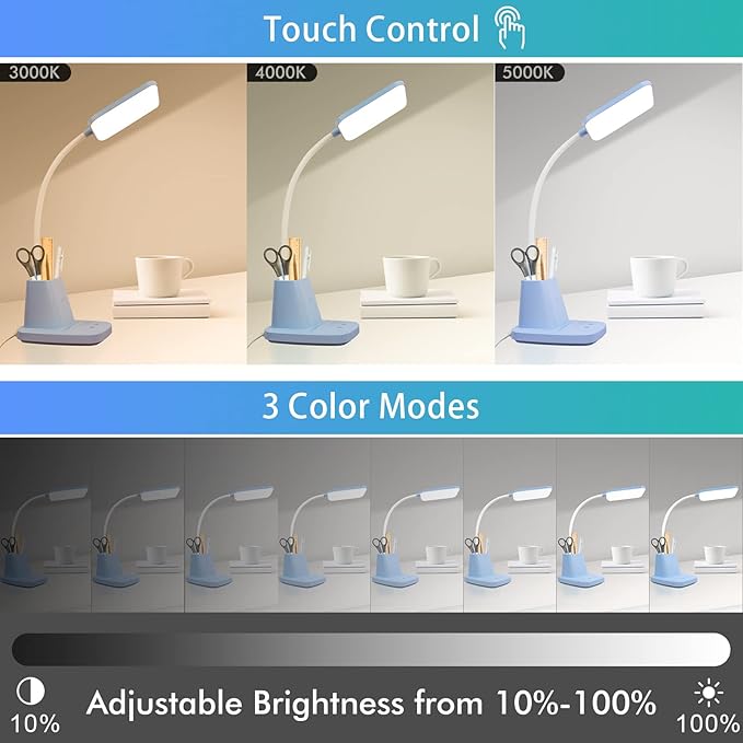 Sailstar Small Desk Lamp, Blue Desk Lamp with Pen Holder, Wireless Charger LED Desk Lamps for Home Office, 800LM Flexible Arm 3 Modes Dimmable Touch Cute Desk Lamps, Study Lamps for College Dorm Room