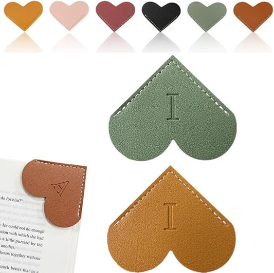 Personalized Leather Heart Bookmark, 26 Letters Customized Corner Book Mark for Reading Women, Book Marker with Initials，Cute Gifts (Green+Light Brown, I)