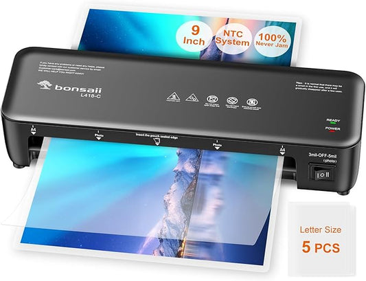 Bonsaii Laminator, 9 Inch Thermal Laminator Machine with Never Jam Technology for Doc/Posters/Photo, Personal Laminating Machine Simple Convenient for Home, Office and School Black